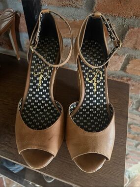 Jessica Simpson Cognac Peep-Toe Ankle-Strap Platforms